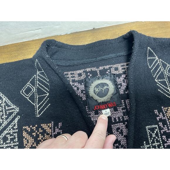Johnny Was Biya Fenella Embroidered Kimono Cardigan Black Knit Open Front Small - Picture 7 of 16